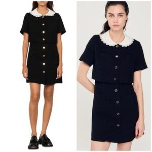 NWT SANDRO Black Tweed Short Peter Pan Collar Dress SZ EUR 34 US 2 XS